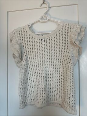 Cream Crochet Knit Ruffled Sleeve Top